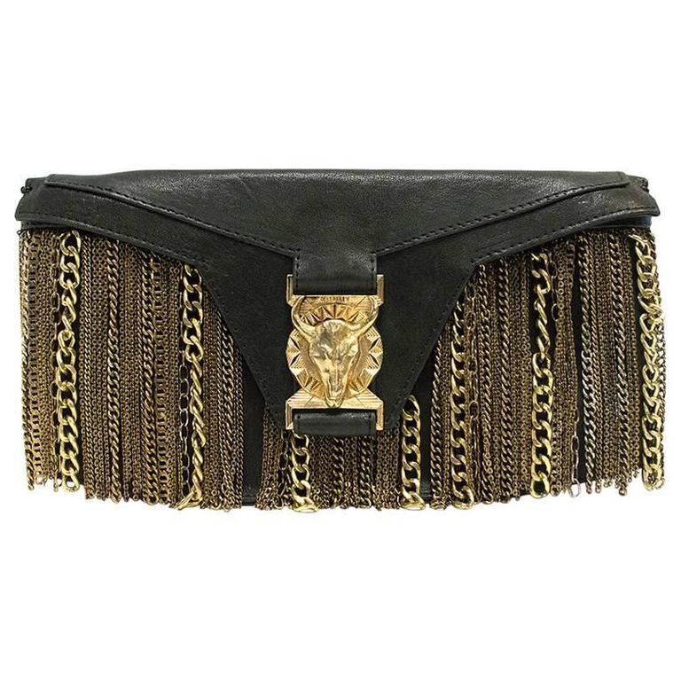 Balmain Black Clutch with Gold Chains For Sale at 1stDibs