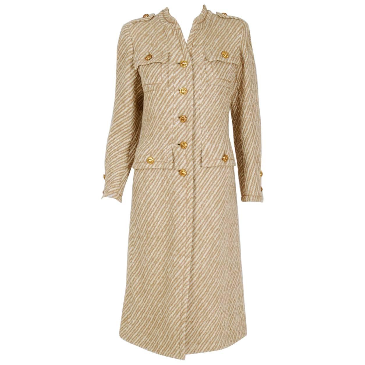 1972 Chanel Haute-Couture Ivory & Beige Striped Wool Mod Military Jacket Coat