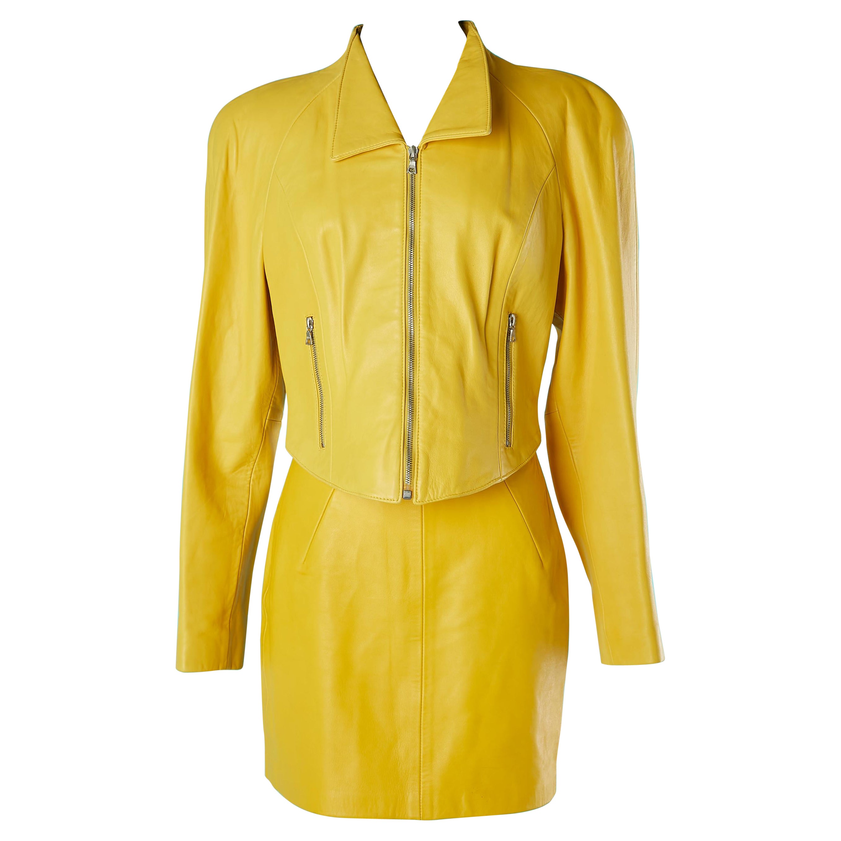 Yellow leather skirt-suit Michael Hoban North Beach Leather  For Sale