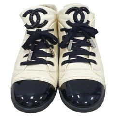 Chanel White Black Patent Leather Captoe CC Logo Sneakers