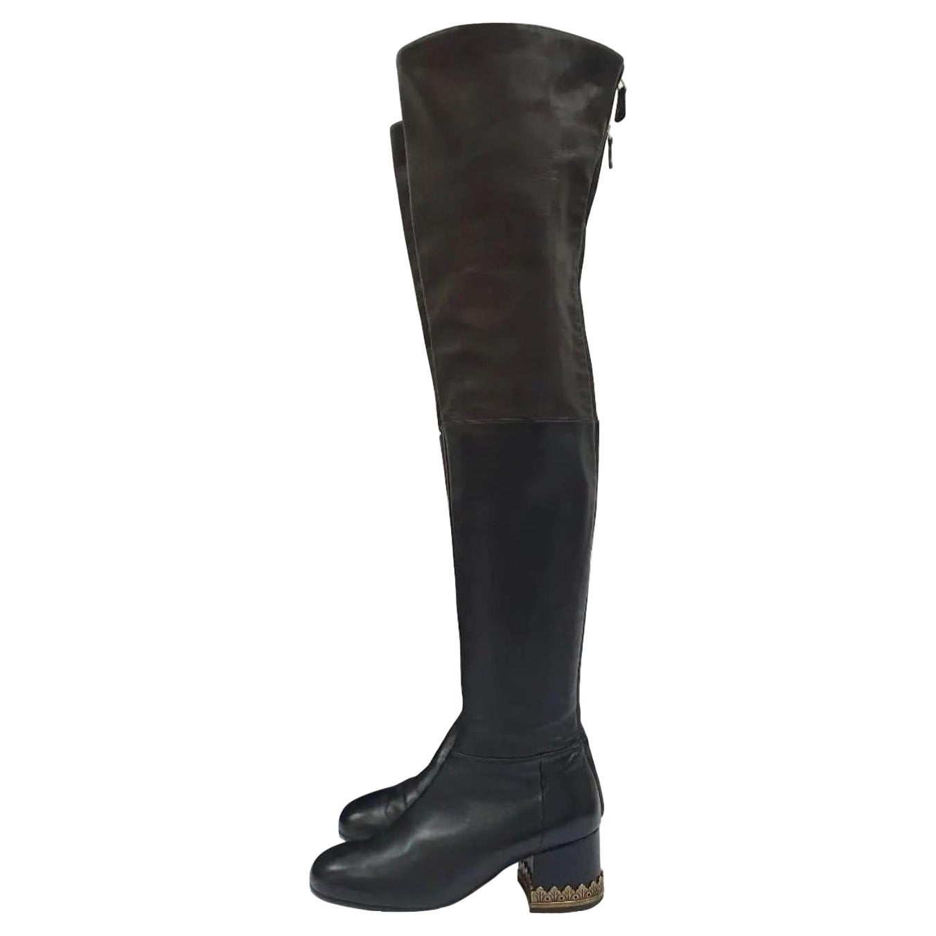 Chanel Black Leather Thigh High Over The Knee Boots For Sale at