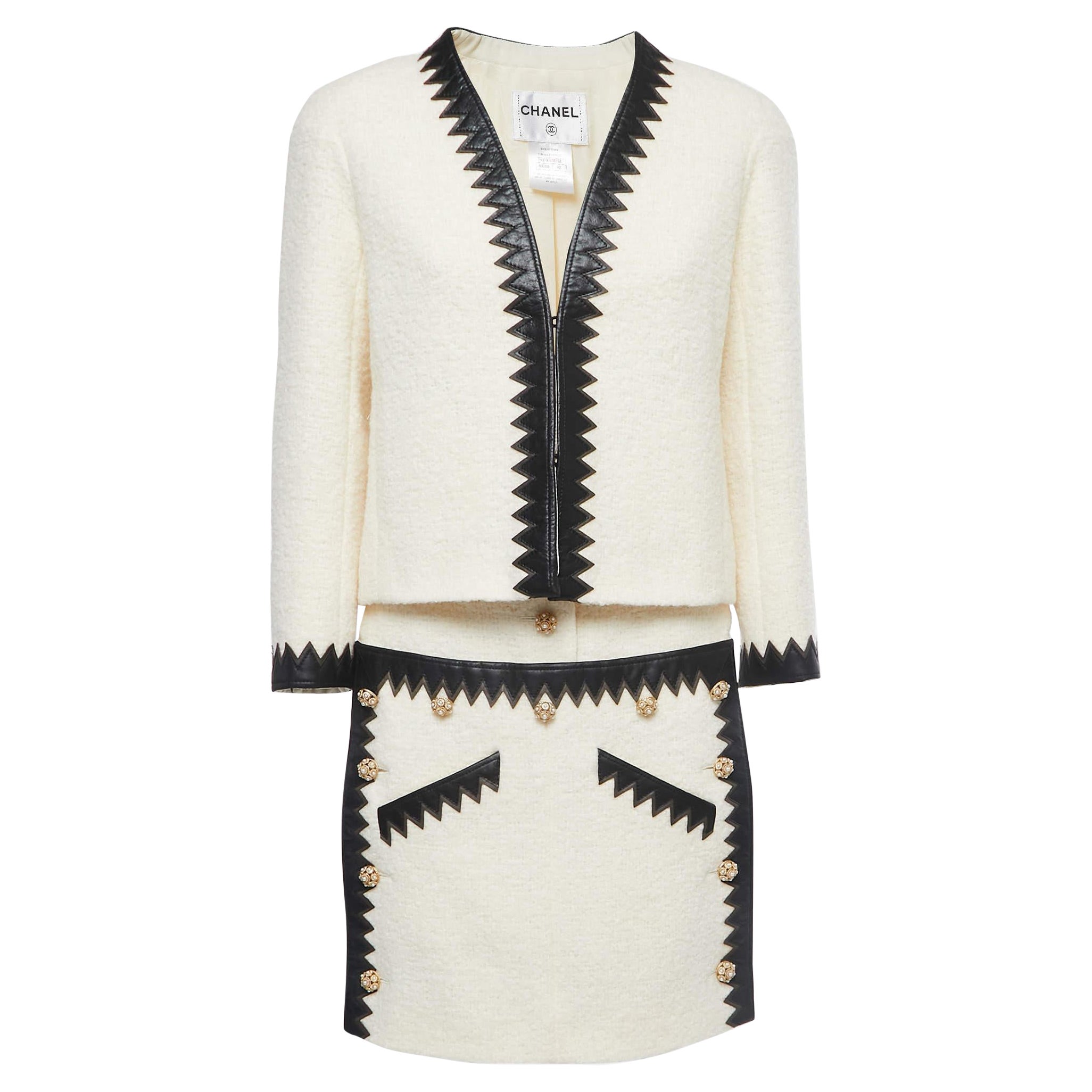 Chanel Cream Boucle Wool Leather Trimmed Salzburg Skirt Suit