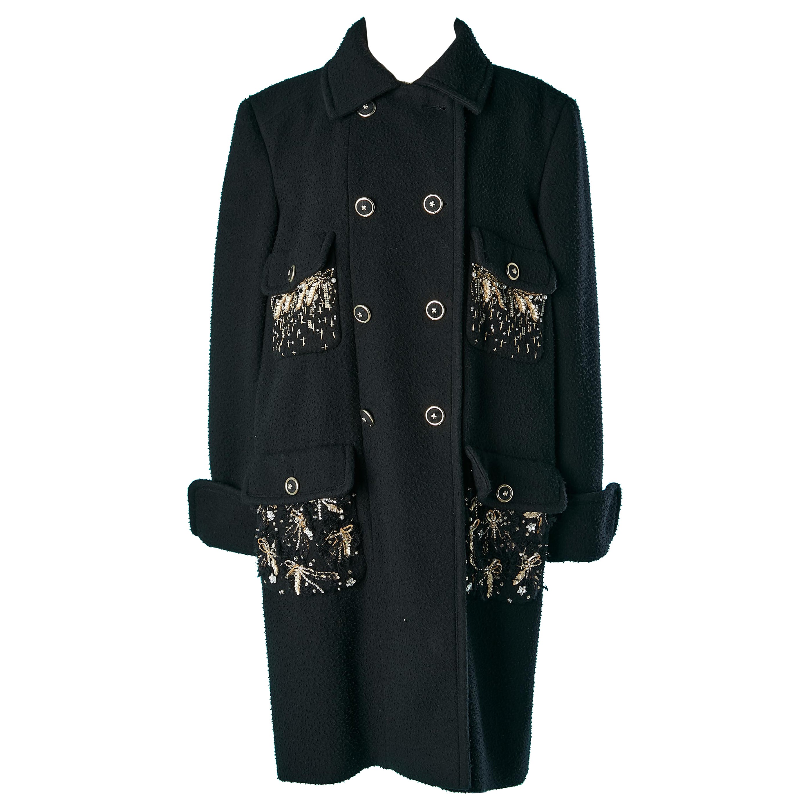 Black wool and cashmere double-breasted coat with embroideries on pockets Chanel For Sale