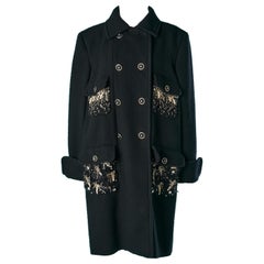 Black wool and cashmere double-breasted coat with embroideries on pockets Chanel