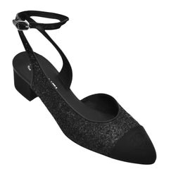 Chanel Nero Metallizzato Tacco Pompa Pelle D'Orsay CC Punta Punta Cinturino Caviglia 38.5