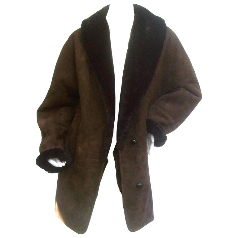 Neiman Marcus Chocolate Brown Suede Faux Fur Shearling Jacket at ...