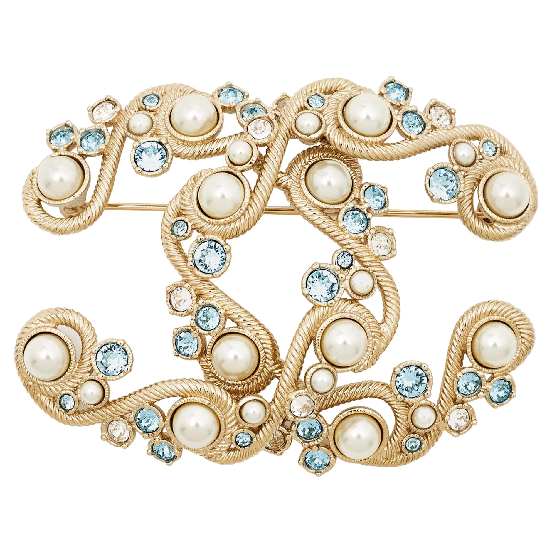 Chanel CC Crystal Faux Pearls Gold Tone Brooch For Sale at 1stDibs