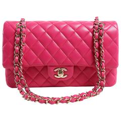 Chanel Fuchsia Pink Leather Medium Double Flap Classic