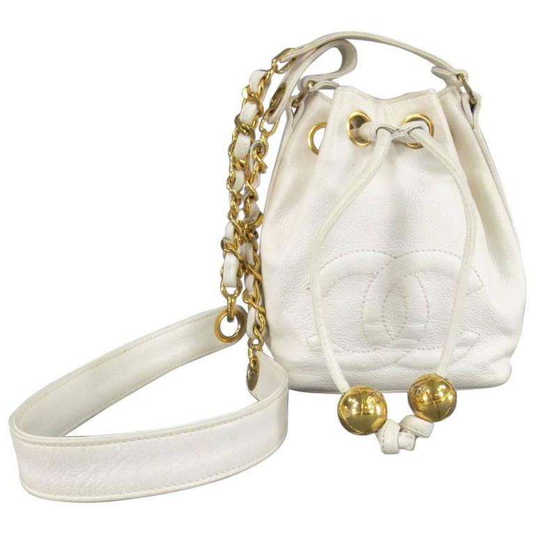 Vintage 1980's CHANEL White Leather Gold Chain Bucket Shoulder Bag