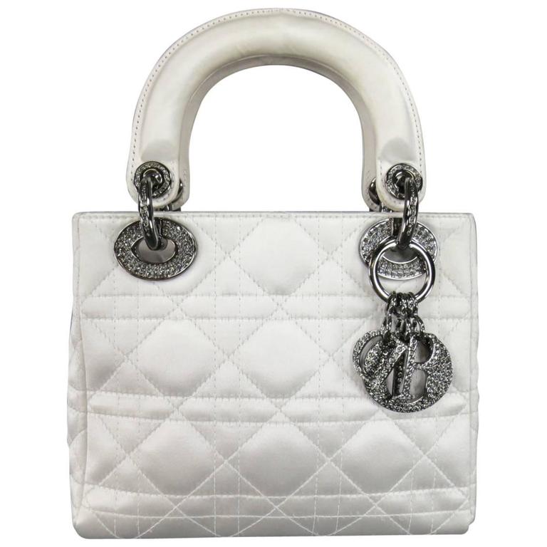 CHRISTIAN DIOR White Cannage Silk Crystal Hardware Mini Lady Dior Bag at  1stDibs