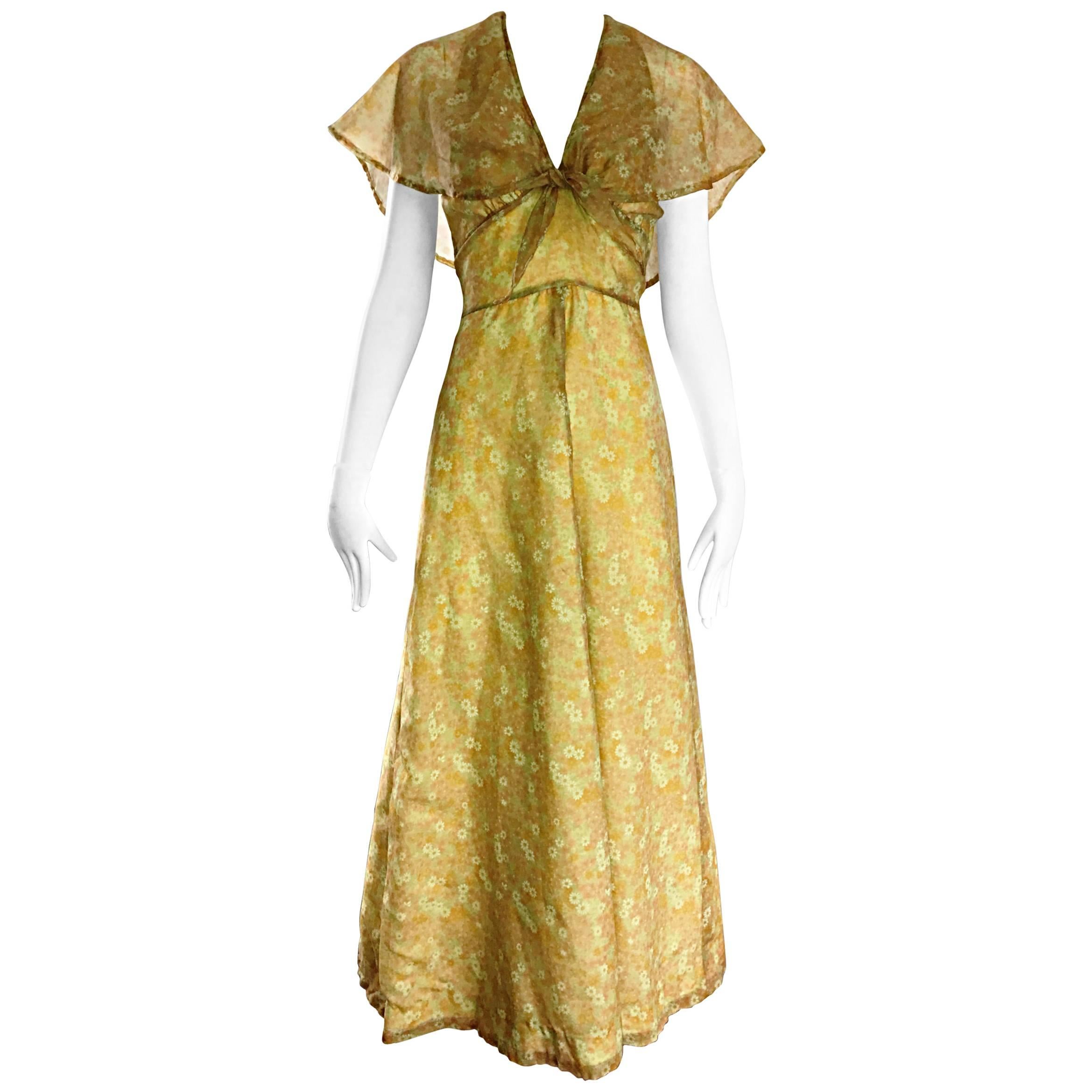 1970s Boho Chic Yellow + Chartreuse Green Daisy Flower Print Chiffon Maxi Dress For Sale