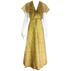 Boho Chic Gelb + Chartreuse Grün Gänseblümchen Blumendruck Chiffon Maxikleid aus den 1970er Jahren