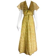 1970s Boho Chic Yellow + Chartreuse Green Daisy Flower Print Chiffon Maxi Dress
