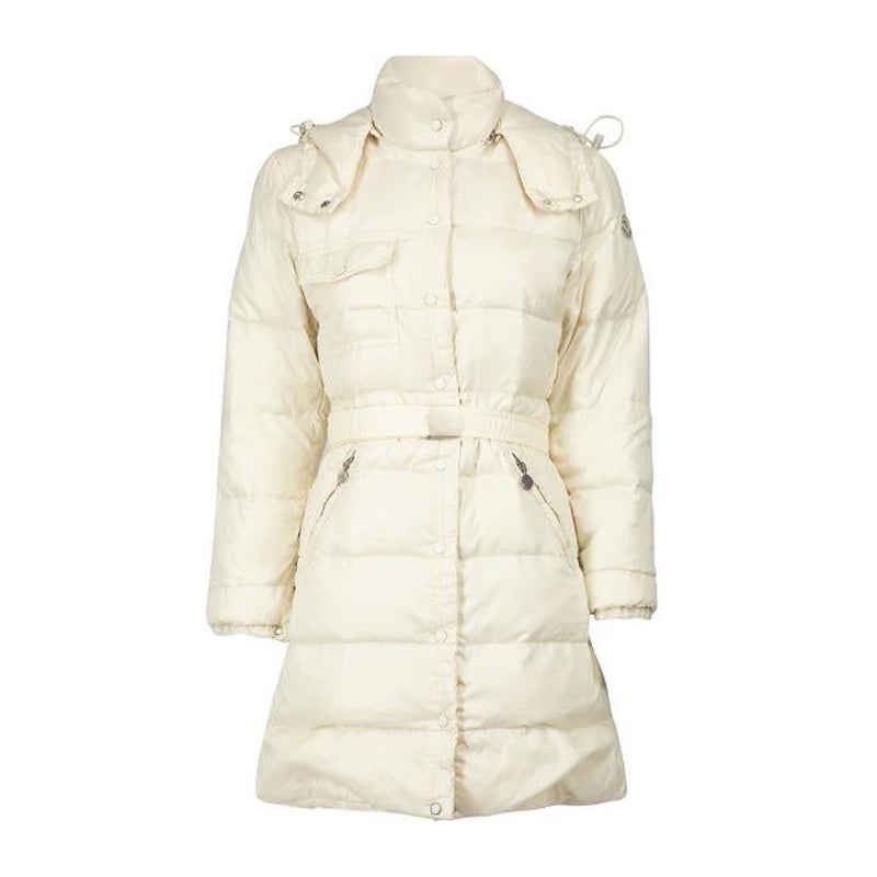 Moncler Cream Hooded Mid Length Puffer Jacket Size L For Sale