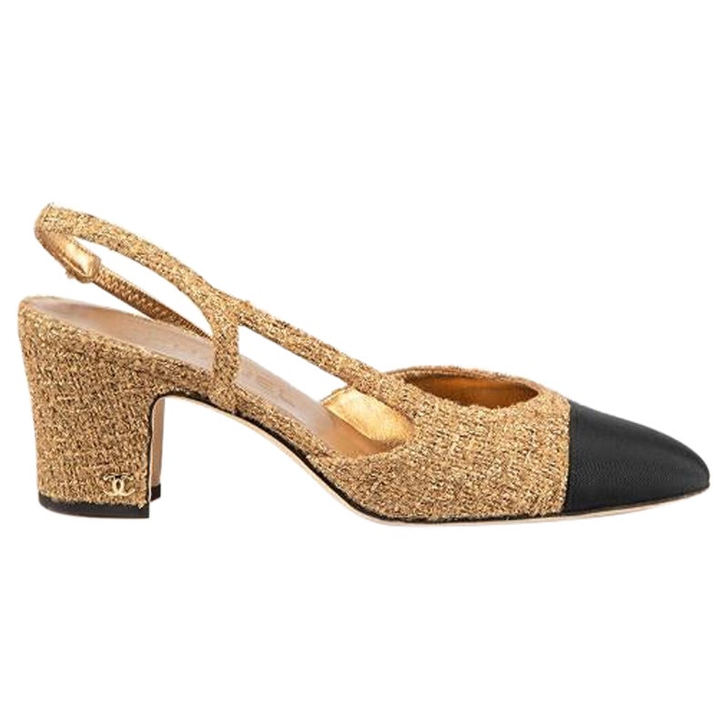 Chanel Gold Tweed Interlocking CC Slingback Heels Size IT 36.5