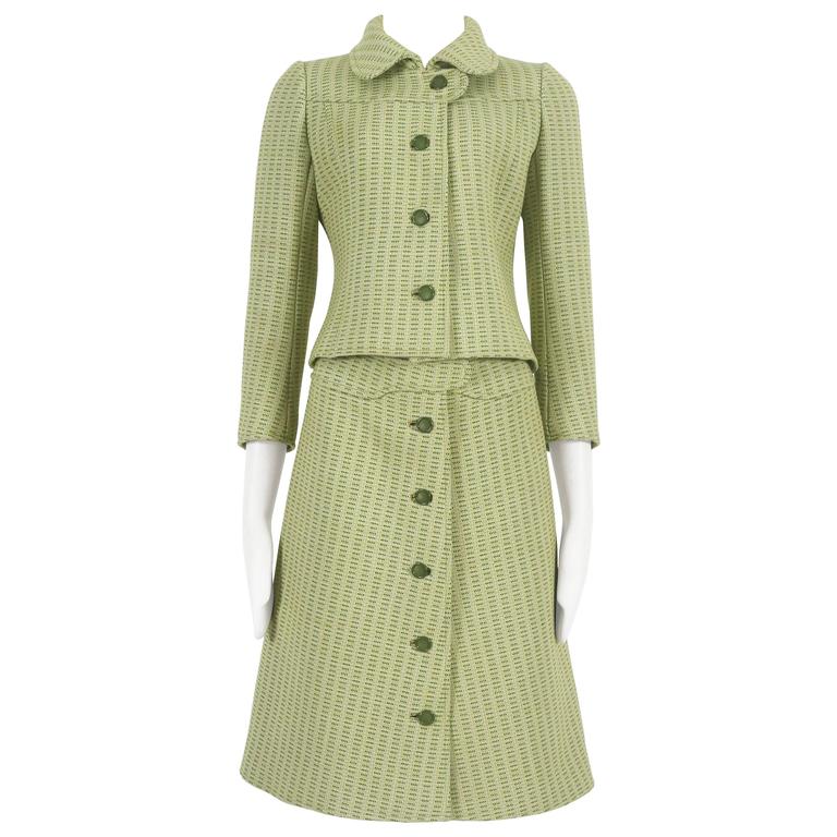 Courreges Haute Couture lime green skirt suit, circa 1969 For Sale at