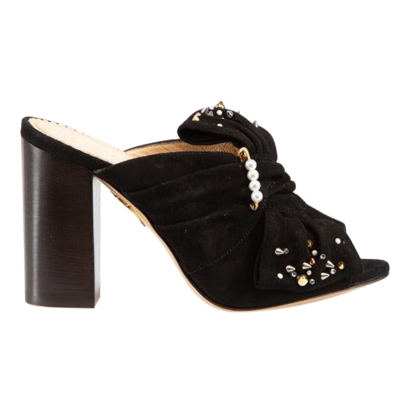 Charlotte Olympia Black Suede Faux Pearl Stud Sandals Size IT 36 For Sale