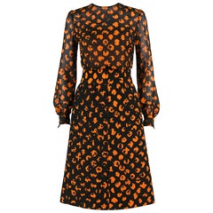 CHRISTIAN DIOR A/W 1972 Marc Bohan 2-teiliges Set aus schwarz-orangefarbener Polkadot-Bluse und Rock