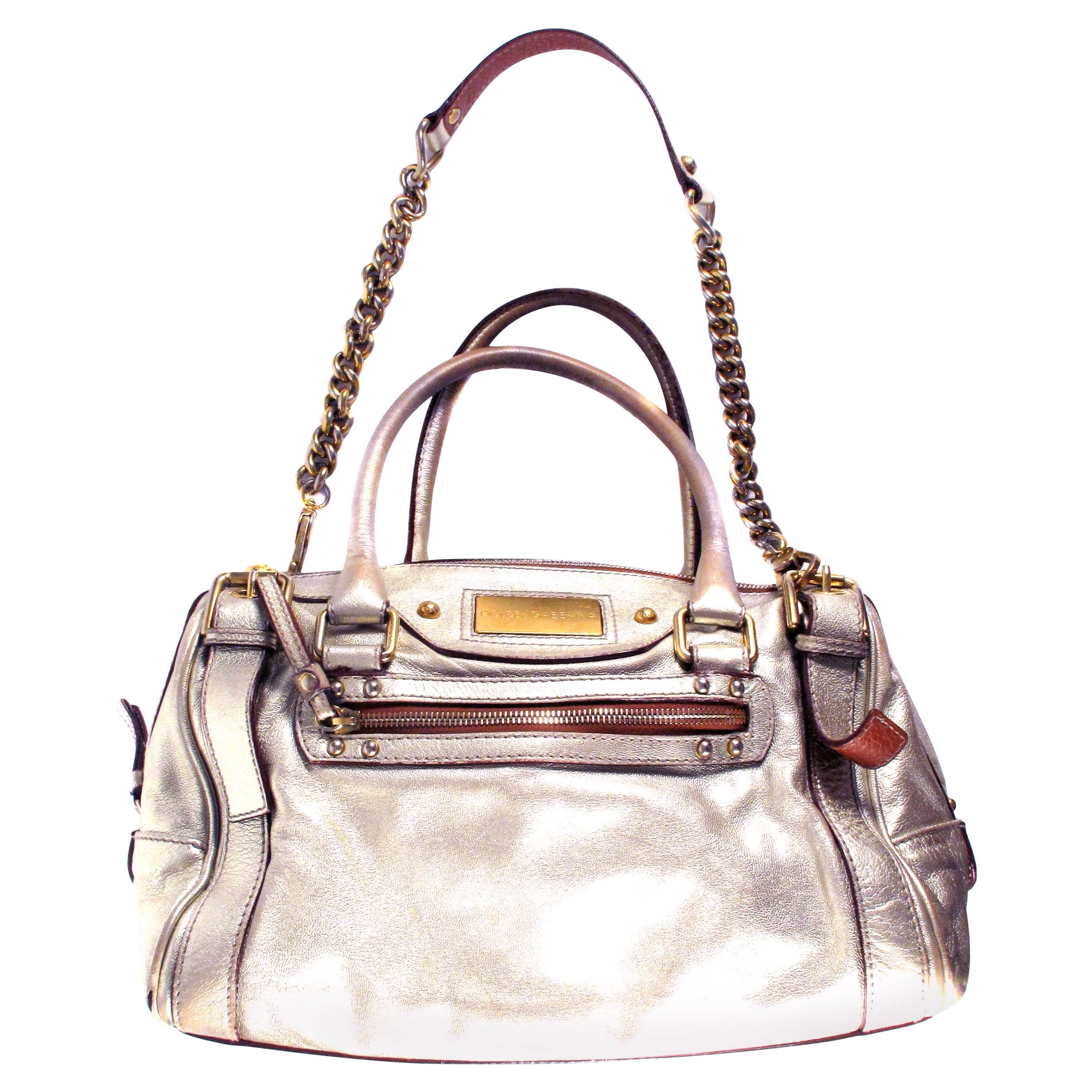 Dolce 
Gabbana Bag - Metallic Gold Silve Chain Leather Tote Shoulder Handbag