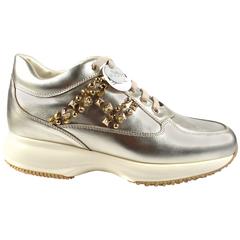 Used Hogan Sneakers - New - 8.5 38.5 - Silver Studded Gold Metallic Lace Up Shoes 8 9