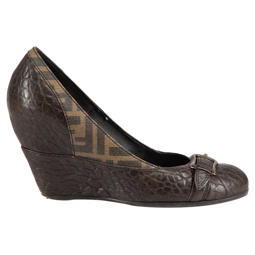 Fendi Brown Zucca Panel Buckled Accent Wedges Size IT 39 For Sale