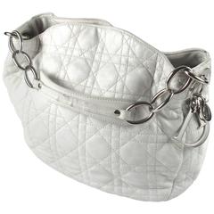 Christian Dior Bag - White Leather Tote Handbag Silver Lady Cannage Charm Hobo