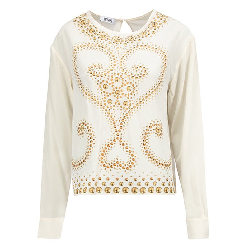Moschino Moschino Cheap & Chic Ecru Silk Printed Long Sleeve Top Size L For Sale