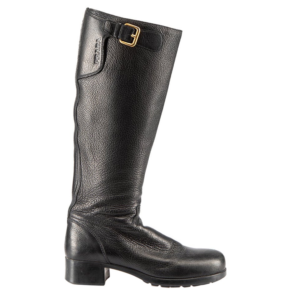 Prada Prada Sport Black Leather Logo Buckle Riding Boots Size IT 35.5