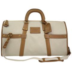 Used Louis Vuitton Tan Canvas Cognac Leather Men's Unisex Duffle Weekender Travel Bag