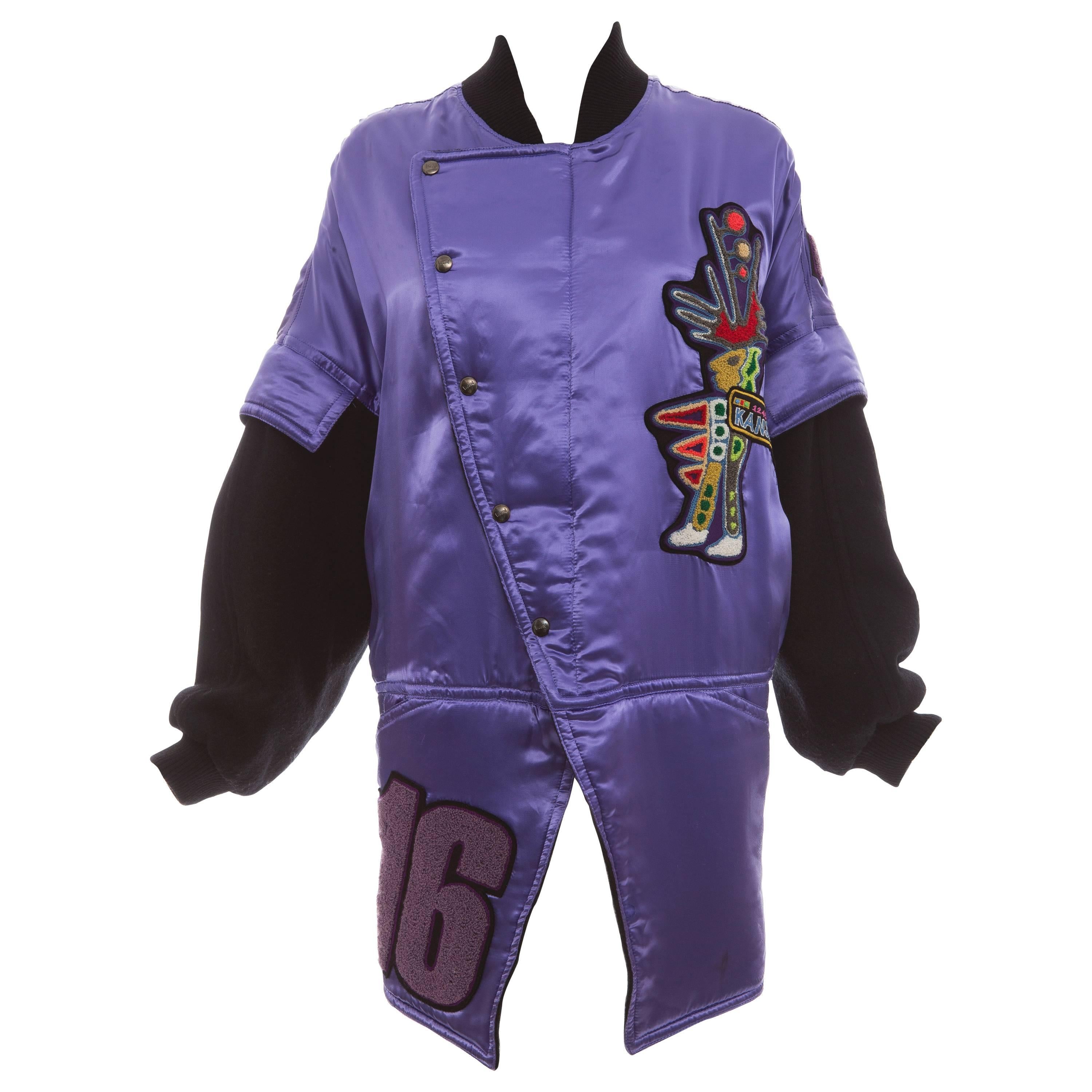 Kansai Yamamoto Purple Satin Jacket With Appliquéd Patches, Circa 1980's For Sale