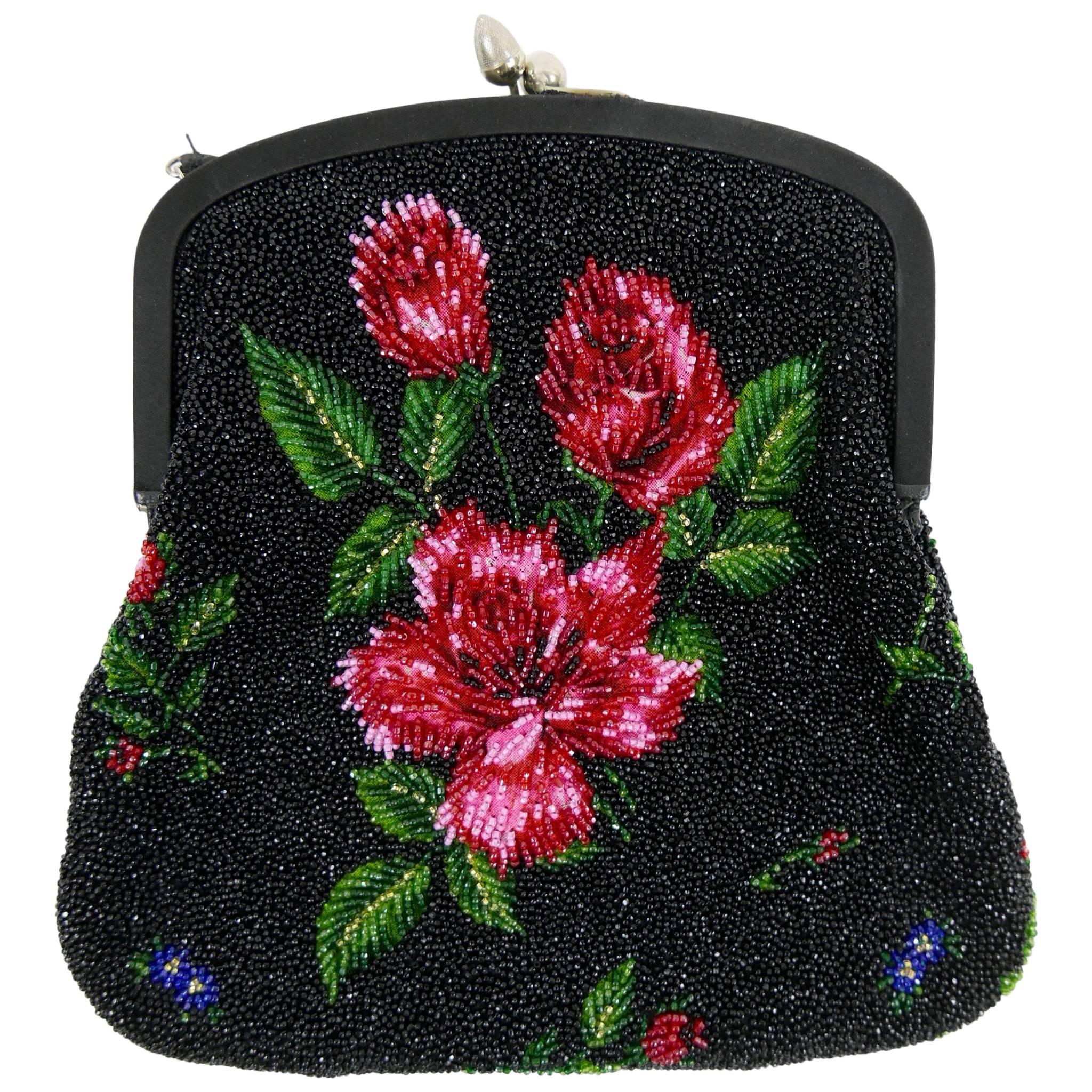 1950s PIROVANO Italian Couture Floral Embroidered Beadeds Purse Handbag