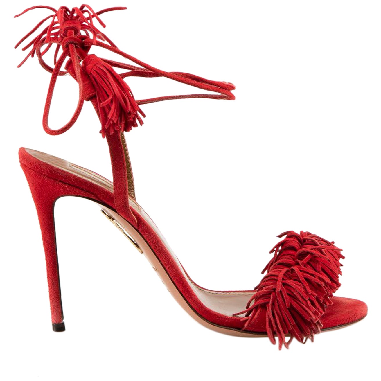 Aquazzura Red Suede Tassel Tie Heeled Sandals Size IT 36.5 For Sale