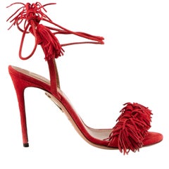 Aquazzura Red Suede Tassel Tie Heeled Sandals Size IT 36.5