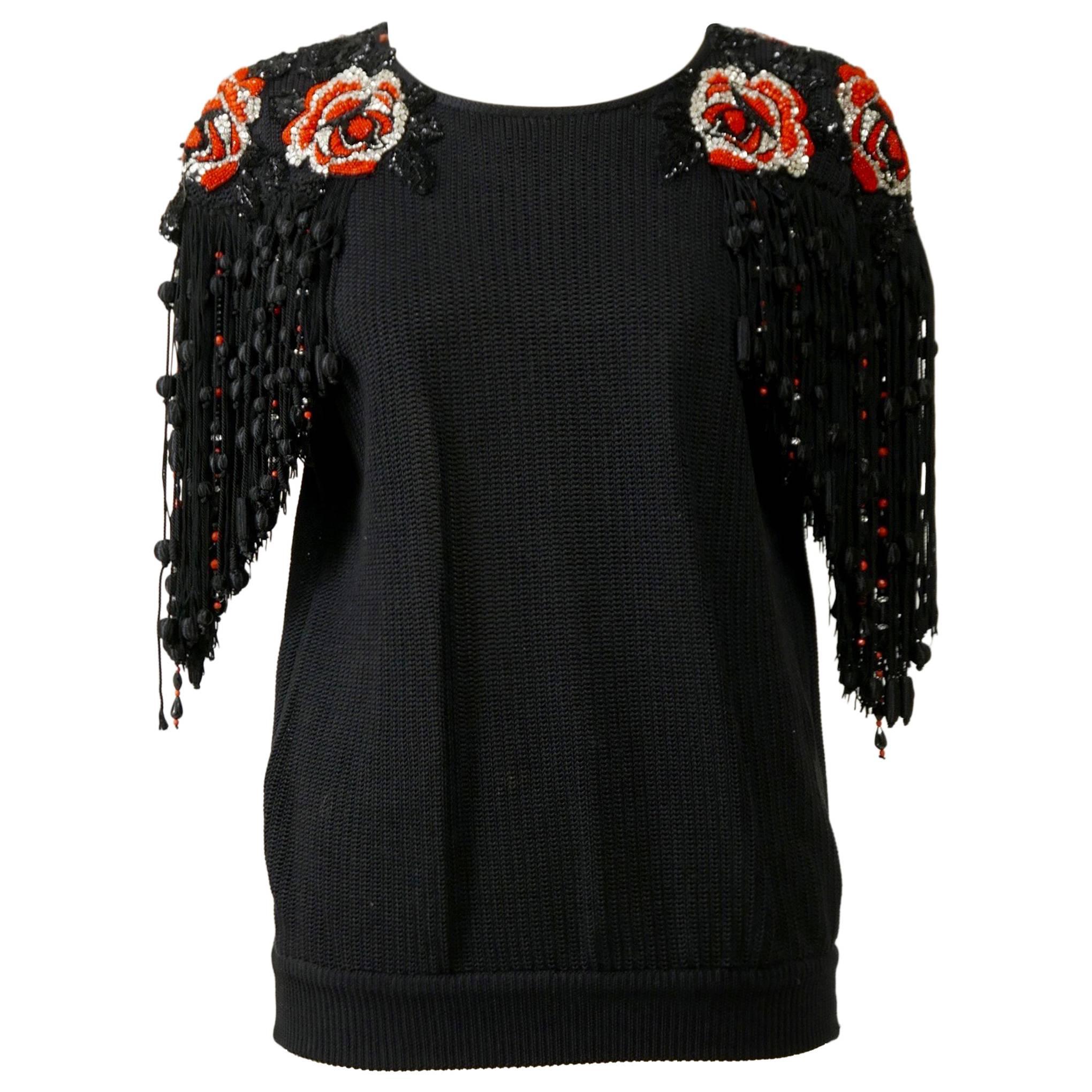 1980s VALENTINO Boutique Black Embroidered Sweater Blouse Shirt 