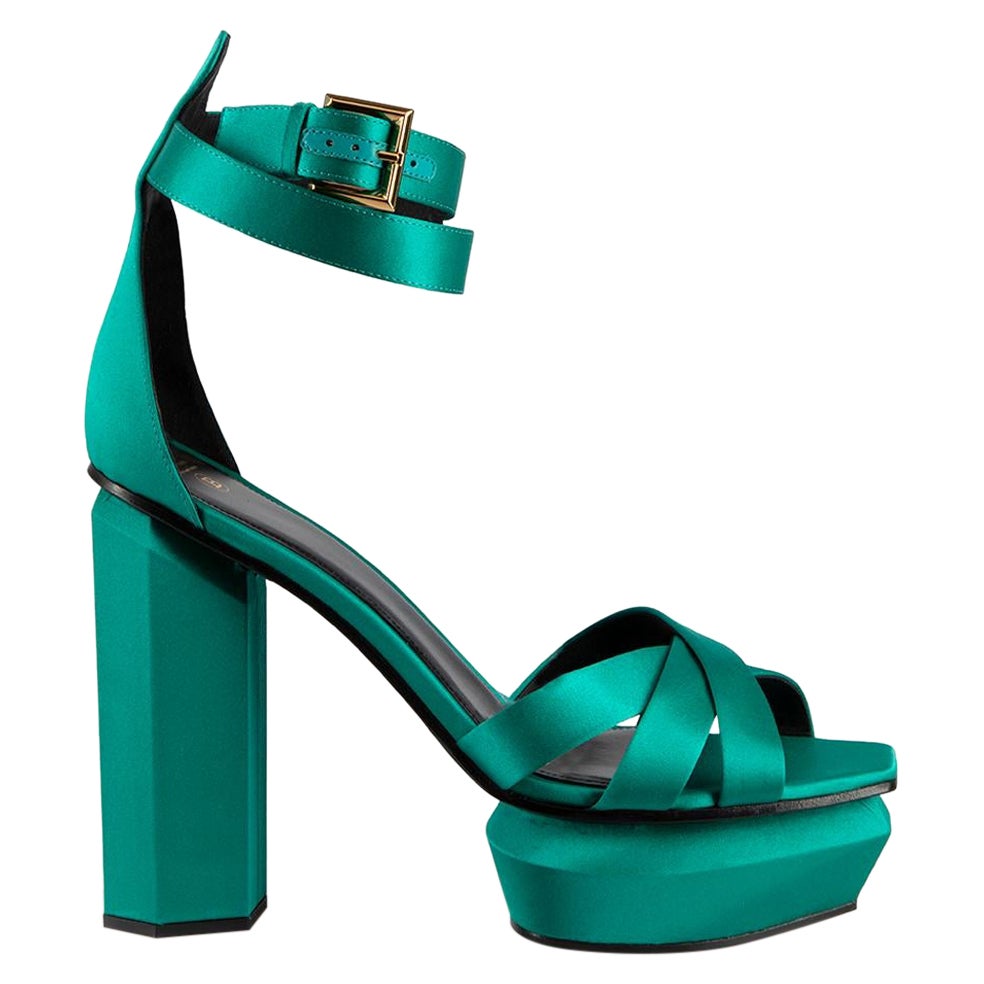 Balmain Green Satin Ava Platform Sandals Size IT For Sale