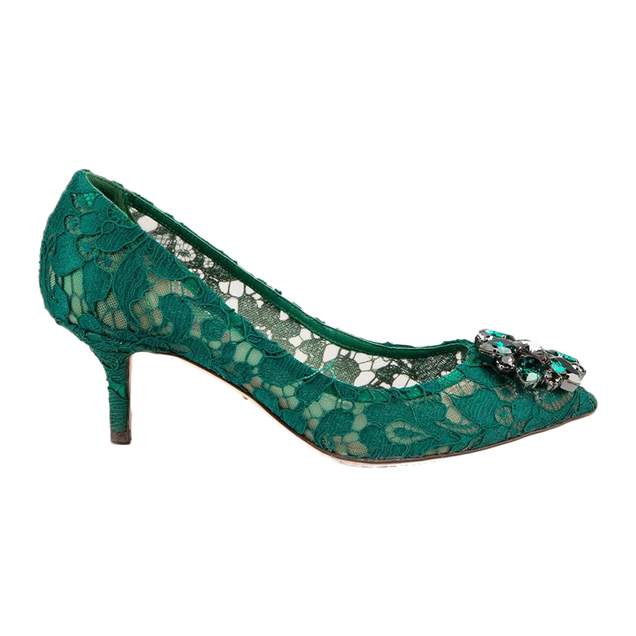 Dolce & Gabbana Green Lace Jewelled Heels Size IT 36 For Sale