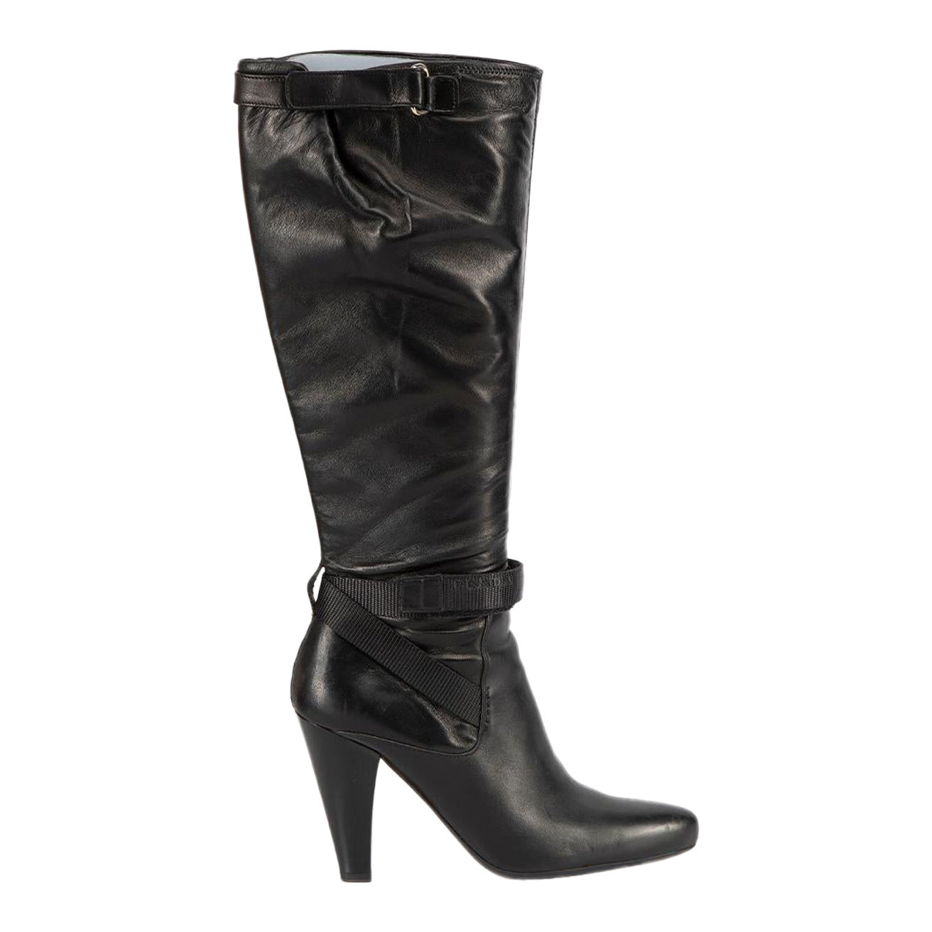 Prada Black Leather Strapped Knee High Boots Size IT 37 For Sale