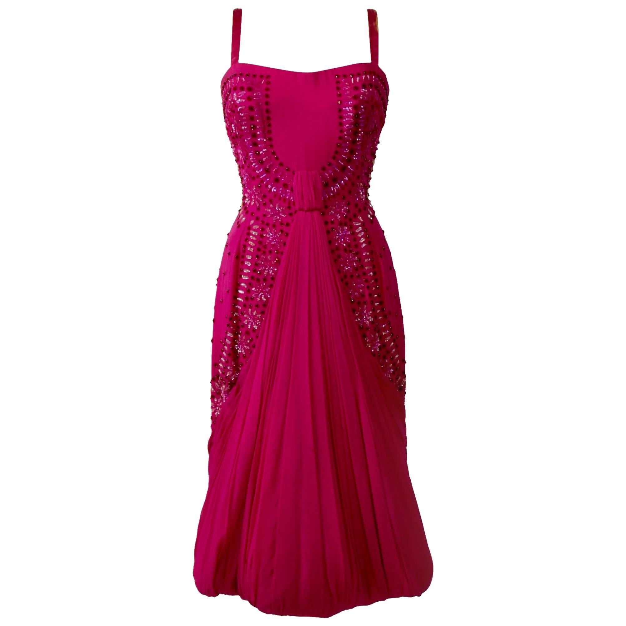 1950s FERCIONI Italian Couture Embroidered Silk Crepe Bombshell Cocktail Dress