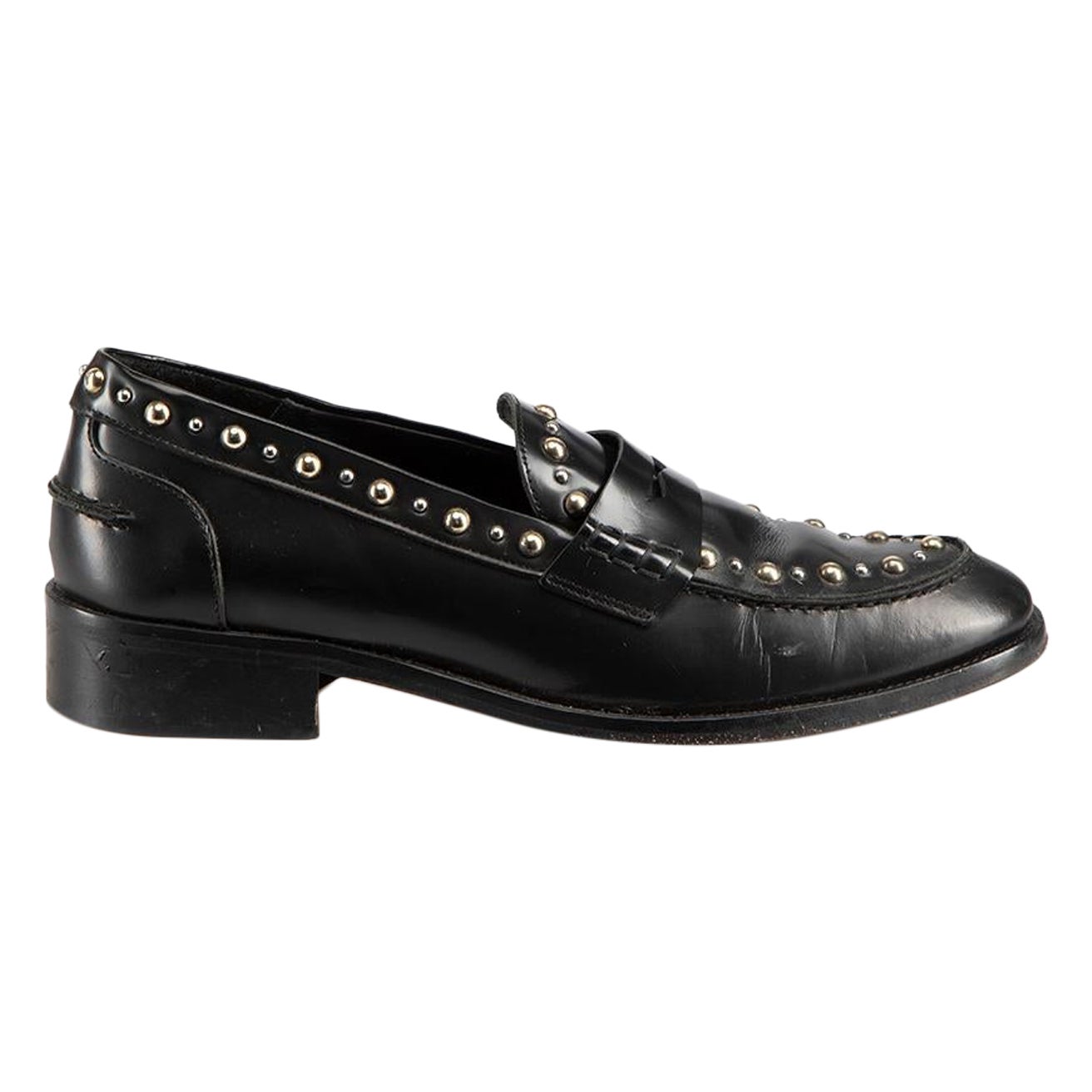 Maje Black Leather Studded Penny Loafers Size IT 40 For Sale