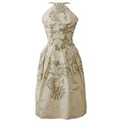 1950s White Ivory Satin Embroidered Cocktail Dress