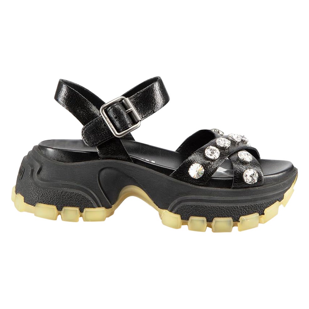 Miu Miu Black Leather Crystal Chunky Sandals Size IT 37.5 For Sale