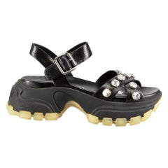 Miu Miu Black Leather Crystal Chunky Sandals Size IT 37.5