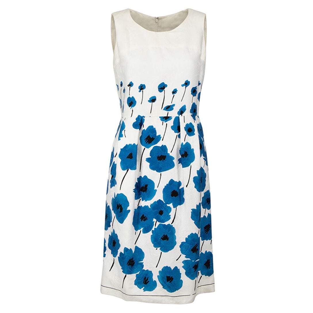 Oscar de la Renta White & Blue Floral Dress Size S For Sale