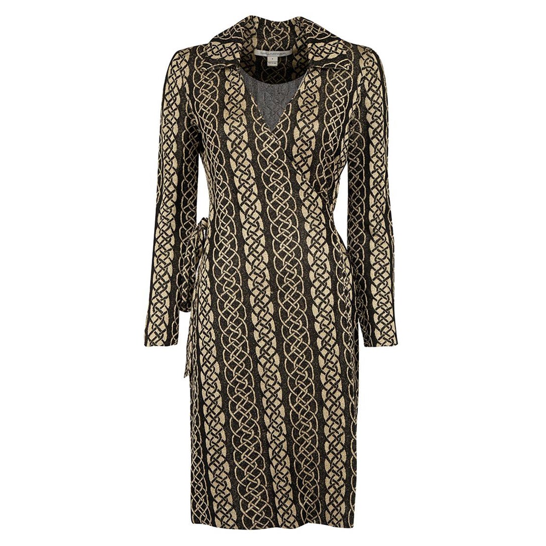 Diane Von Furstenberg Gold Braid Knit Wrap Dress Size S