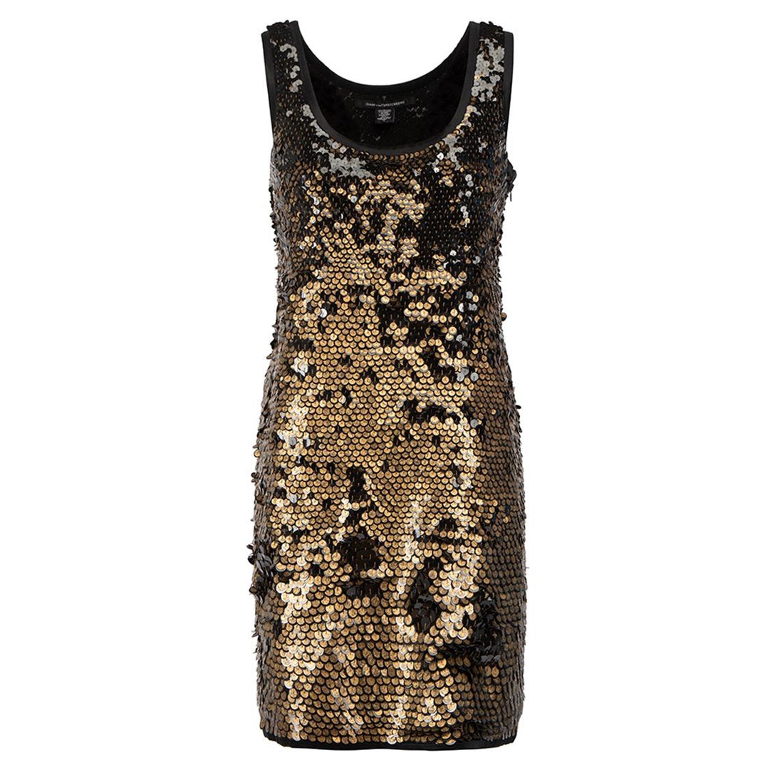 Diane Von Furstenberg Black & Gold Sequin Mini Dress Size XS For Sale