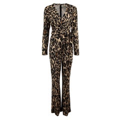 Diane Von Furstenberg Brown Leopard Print Long Sleeve Jumpsuit Size S