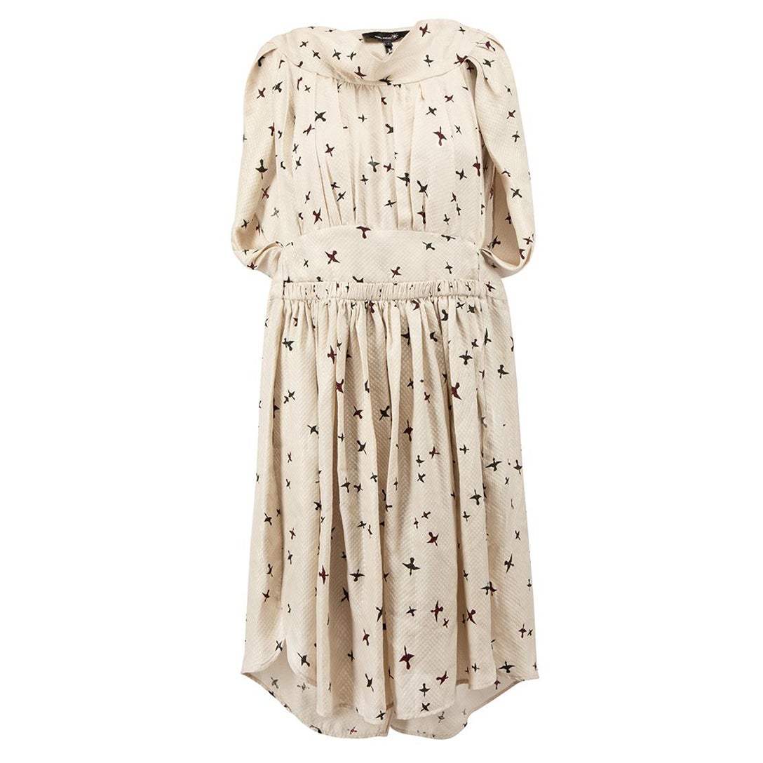 Isabel Marant Étoile Beige Silk Bird Print Draped Dress Size XS