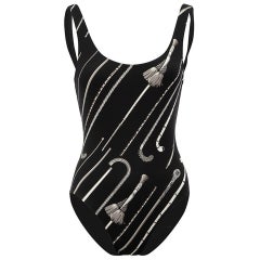Hermès Black Cannes Et Canne Printed Swimsuit Size XS