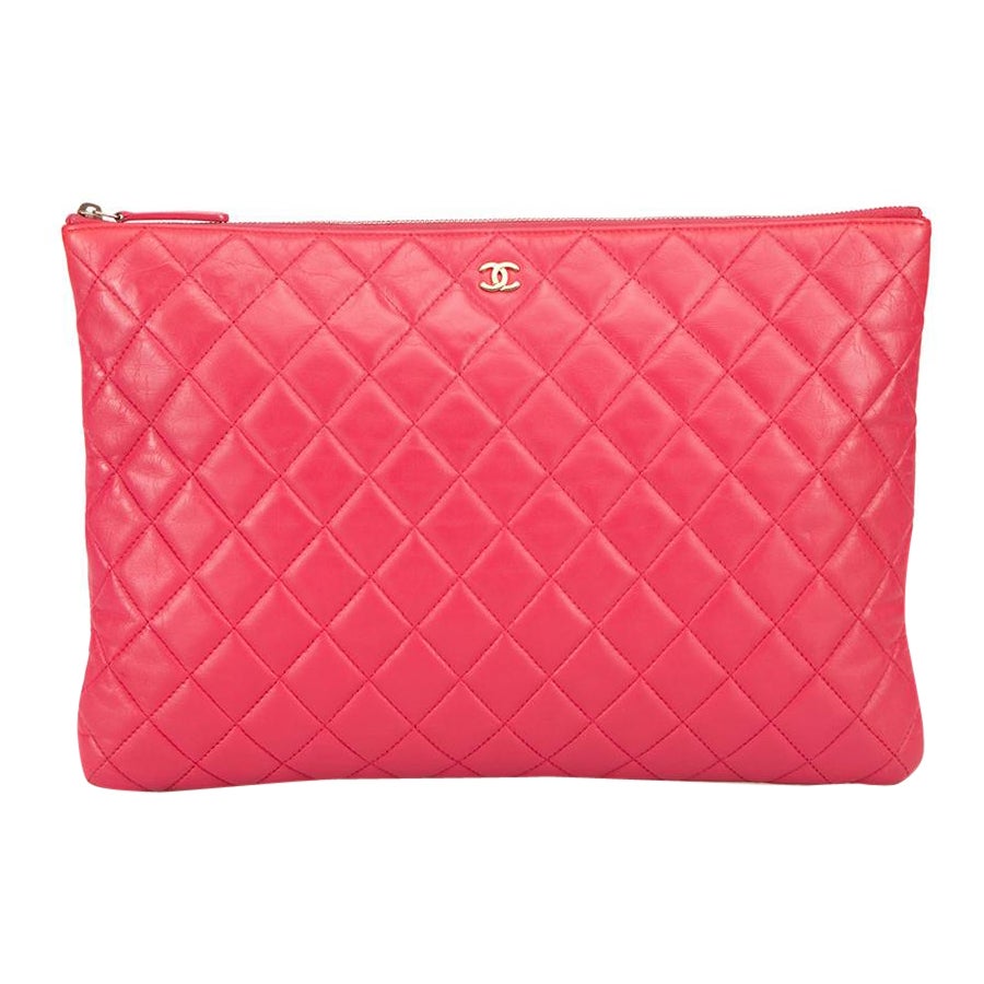 Chanel Pink Leather Large Quilted O-Case Clutch
