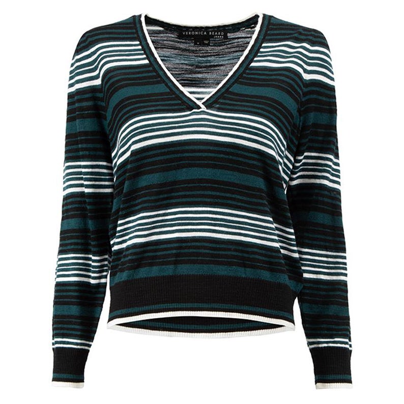 Veronica Beard Green Wool Striped Knitted Jumper Size M For Sale